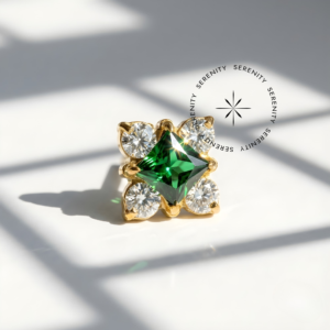 Piercing Topo Quadrado Zircônia Verde Esmeralda e Cristal Titânio e Ouro 18k