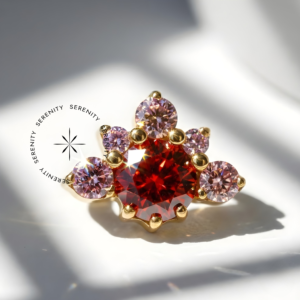 Piercing Topo Meia Flor Rubi e Rosa Titânio e Ouro 18k