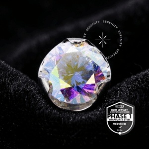 Piercing Boreal Titânio TT40 de rosca interna com Zircônia Premium efeito Boreal cravação Prong Flat perfil baixo, e selo Titânio Mill APP.