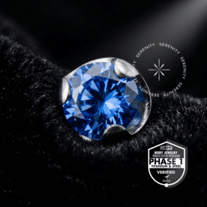 Piercing Safira Titânio TT39 de rosca interna com Zircônia Premium Azul cravação Prong Flat de perfil baixo, atestado pelo selo Titânio Mill APP.