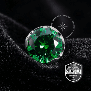 Piercing Esmeralda Titânio TT19 com sistema push pin e Zircônia Premium verde, exibindo o selo de verificação técnica da Titânio Mill APP Phase 1.