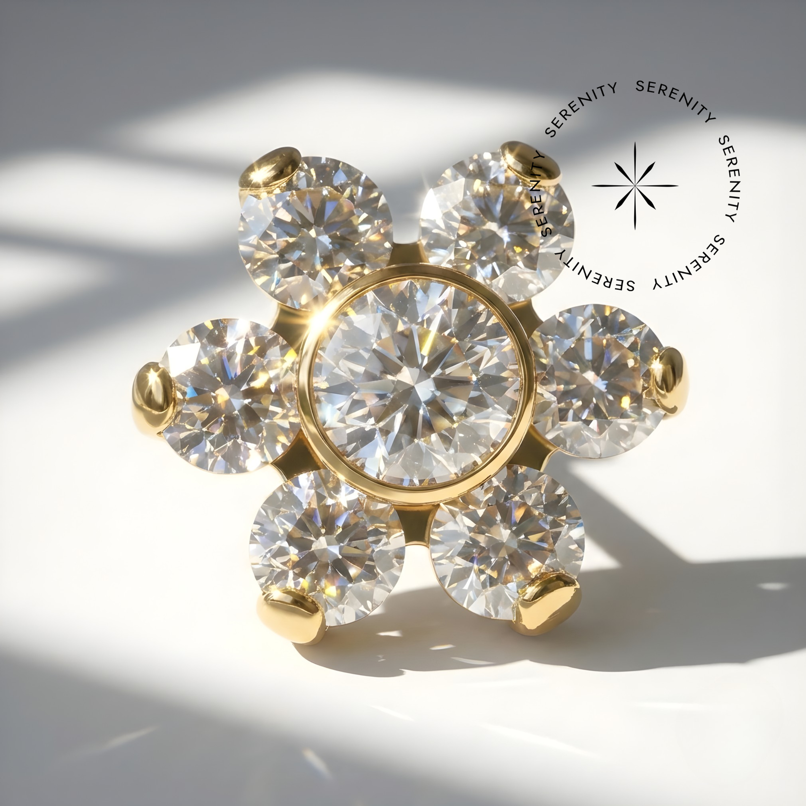 Piercing Topo Flor 6 Pétalas Zircônias Titânio e Ouro 18k