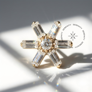 A sofisticação da lapidação baguete encontra a simetria solar em uma joia de brilho arquitetônico e luxo absoluto. Piercing Topo Flor 6 Zircônias Baguetes Titânio e Ouro 18k