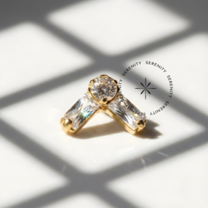 Piercing Topo V Baguetes Zircônias Titânio e Ouro 18k