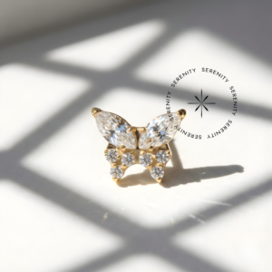 Piercing Topo Borboleta Cravejada Zircônias Titânio e Ouro 18k