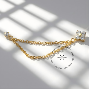 Piercing Conector Trevo e Ponto de Luz com Corrente Titânio e Ouro 18k