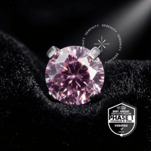 Piercing Ponto de Luz Titânio TT10 com sistema push pin e Zircônia Premium rosa cravação prongset em garras, exibindo selo Titânio Mill APP Phase 1.