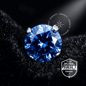 Piercing Ponto de Luz Titânio TT07 com sistema push pin e Zircônia Premium azul cravação prongset em garras, exibindo selo Titânio Mill APP Phase 1.