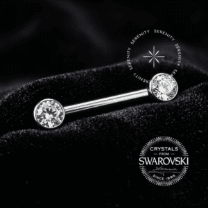 Piercing Mamilo Titânio TS04 com haste de 14mm e rosca interna, com dois cristais Swarovski brilhantes nas extremidades.