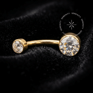 Piercing Umbigo Zircônia Flat Titânio revestido de ouro 18k com acabamento liso que não enrosca, opções cristal e boreal, rosca interna.