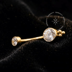 Piercing Umbigo 3 Esferas Titânio revestido de ouro 18k com zircônia premium e base granulada, rosca interna.