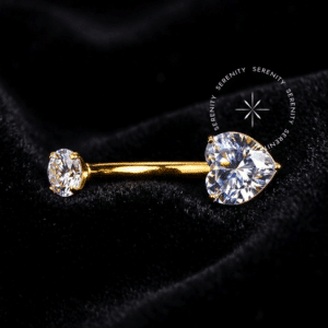 Piercing Umbigo Coração Titânio revestido de ouro 18k com zircônia premium cristal em formato coração, rosca interna segura.