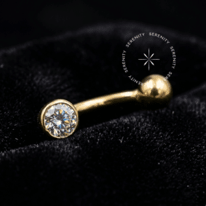 Piercing Umbigo Ouro 18K Maciço OR33 com zircônia flat e rosca externa.