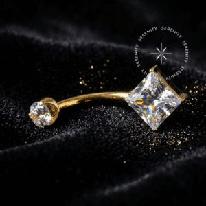 Piercing Umbigo Zircônia Quadrada Titânio revestido de ouro 18k com zircônias premium cristal, rosca interna segura.