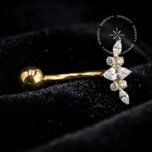 Piercing Umbigo Brisa Floral Titânio revestido de ouro 18k com zircônias premium em cascata, rosca interna.
