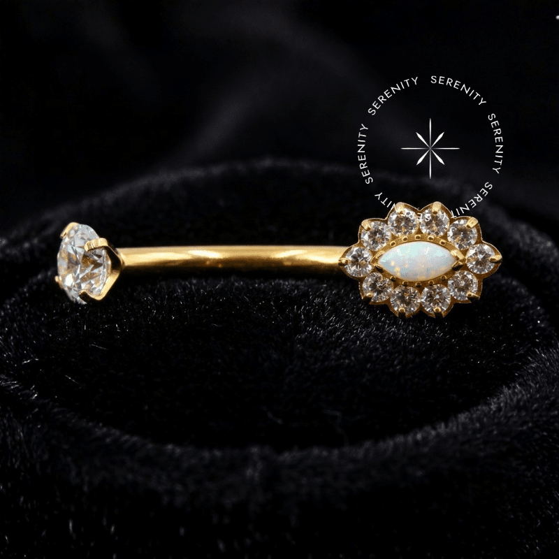 Piercing Umbigo Flor Opala Titânio revestido de ouro 18k com zircônias premium cristal, rosca interna.