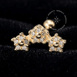 O Piercing Cluster Flores Ouro OR84 esculpido em Ouro 18K Maciço atua como Piercing Hipoalergênico e Joalheria de Corpo com extrema Biocompatibilidade em sua Atualização de Setup.