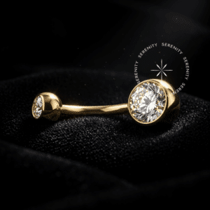 Piercing Umbigo Tradicional Zircônia Titânio revestido de ouro 18k com acabamento liso que não enrosca, rosca interna.