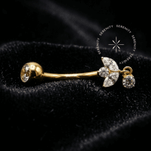 Piercing Umbigo Navetes Titânio revestido de ouro 18k com zircônias premium e pingente, rosca interna.