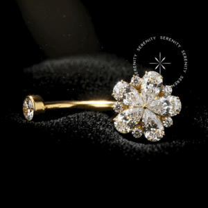 Piercing Umbigo Big Flor nas cores Cristal e Esmeralda em Titânio Revestido de Ouro 18k TN1304.