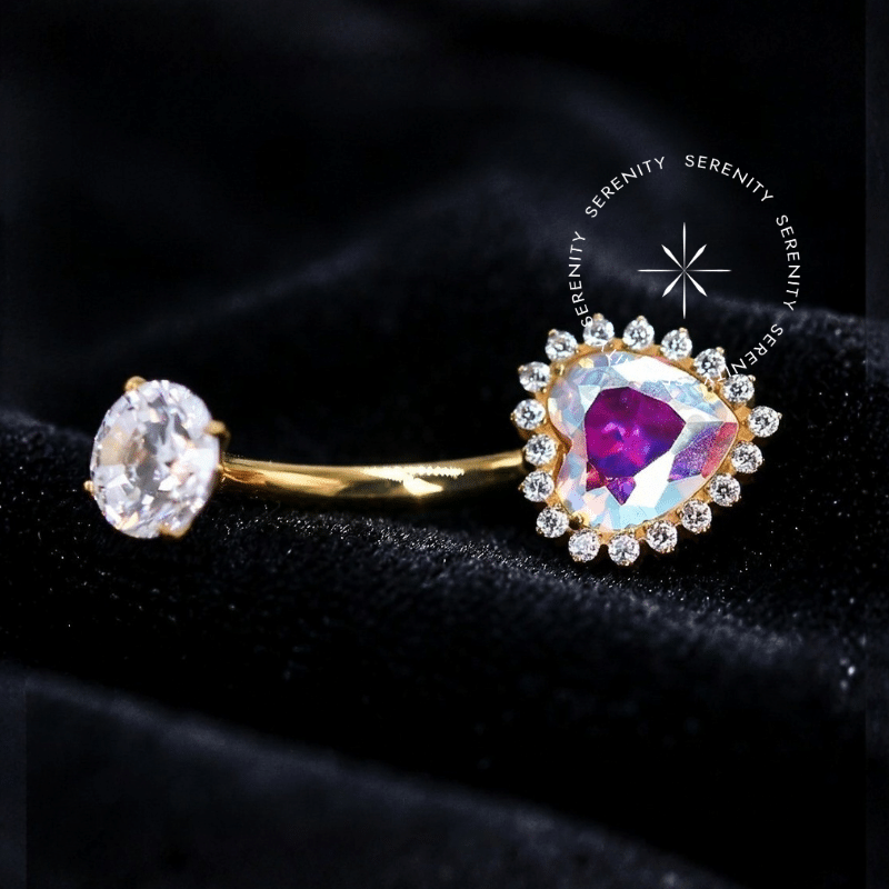 O Par Piercing Umbigo Coração Luxo Cristal e Boreal em Titânio Revestido de Ouro 18k Serenity.
