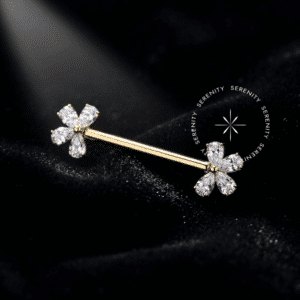 Piercing Mamilo Borboleta em Titânio Revestido de Ouro 18k com sistema push pin e zircônias premium cravejadas.