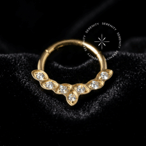 Argola frontal 7 zircónias titânio modelo TN621 dourada para septo e daith com pedras.