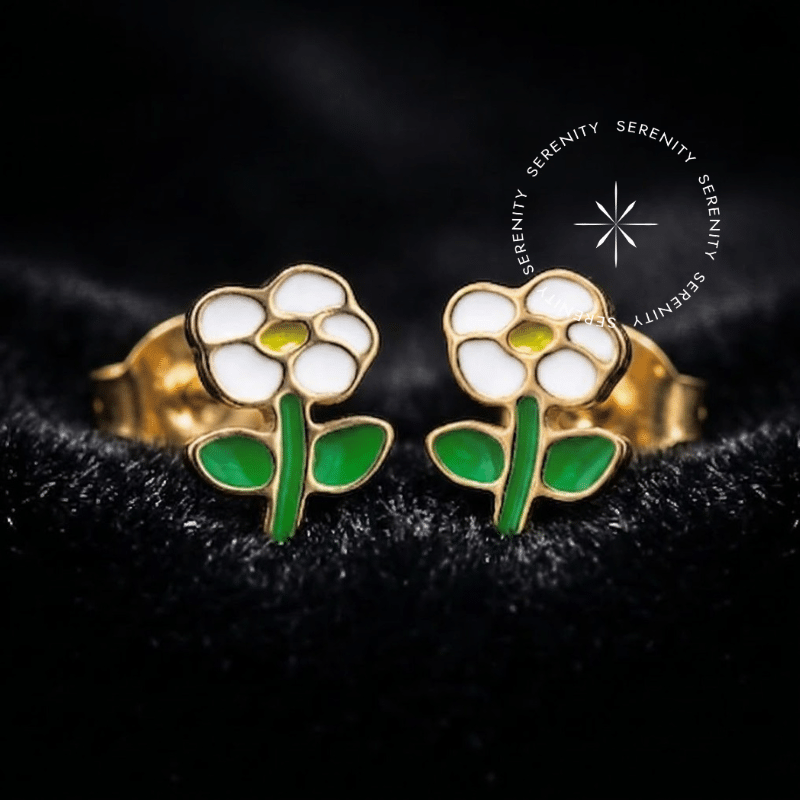 Brinco Flor Resinada White Titânio e Ouro 18k (Par)