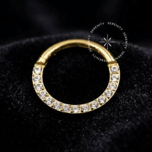 Argola frontal cravejada titânio modelo TN301 dourada com zircônias para septo e daith.