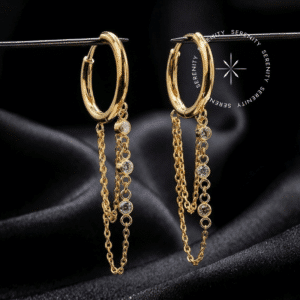 Brinco Argola Correntes Zircônia Titânio revestido de ouro 18k com brilho em movimento, fecho clicker.