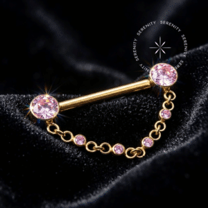 Piercing de Mamilo CZ Corrente Push Pin Unilateral piercing intimo dourado sensual hipoalergênico em titânio revestido de ouro 18k com zircônias cristal ou rosa e corrente suspensa sem rosca