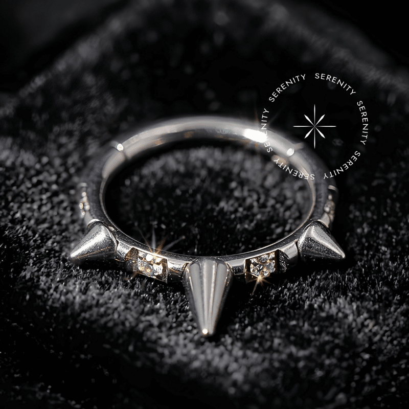 Argola click titânio com design intercalado de spikes agressivos e cravação frontal de zircônia premium translúcida fecho clicker para septo e daith.
