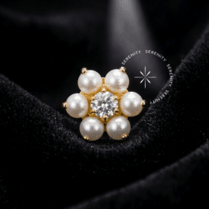 Piercing Titânio Push Pin modelo flor com pérolas sintéticas em titânio revestido de ouro 18k para atualização de setup em helix, design botânico clássico.