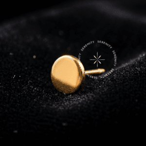 Piercing Titânio Push Pin modelo disco minimalista em titânio revestido de ouro 18k, ideal para atualização de setup em tragus e hélix com brilho intenso e segurança.