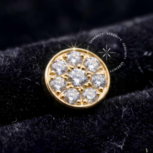 Piercing Push Pin Ouro 18k com topo em formato de disco cravejado com pavê de zircônias premium cristal, sistema de pino por encaixe threadless de alta pressão, ideal para harmonização e setups de luxo na cartilagem e perfurações labiais.