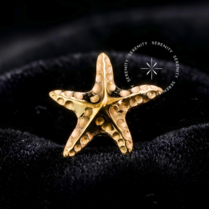 Piercing Titânio Push Pin com design texturizado de estrela do mar e encaixe por pressão, em Titânio Revestido de Ouro 18k, ideal para curadoria de orelhas e setups de verão, como visto na imagem_07da01.png.