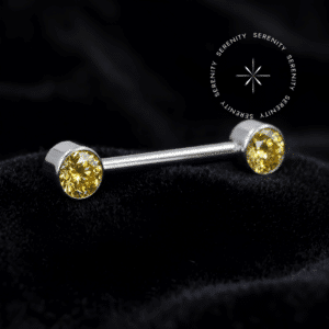 Piercing Mamilo Titânio barbell reto com topos planos flat cravejados com zircônia premium amarelo imperial sistema de encaixe push pin unilateral para anatomia corporal.