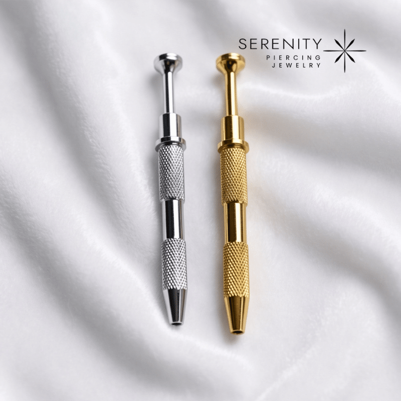 Pinça Pega Topo de Precisão com corpo alongado e texturizado em losangos para aderência antiderrapante exibida nas variações de acabamento polido natural e dourado sobre fundo de tecido branco suave. Mostra o êmbolo superior de pressão e a ponta projetada para revelar garras, ideal para manuseio de topos e pedrarias na rotina diária de cuidados com adornos corporais.