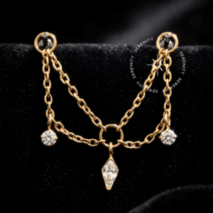 Pingente para Piercing Titânio corrente para piercing titânio corrente para piercing titânio anatômica cravejada com zircônias premium em lapidação navete marquise pendentes em elos de alta mobilidade para conexão de setup.