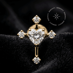 piercing titânio dourado com design de cruz cravejada com zircônia translúcida em formato de coração repousando suavemente sobre um tecido de cetim branco de alta opulência.